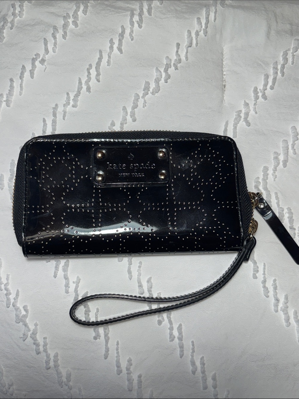 kate spade Black Patent Wristlet with Perforated Detail
